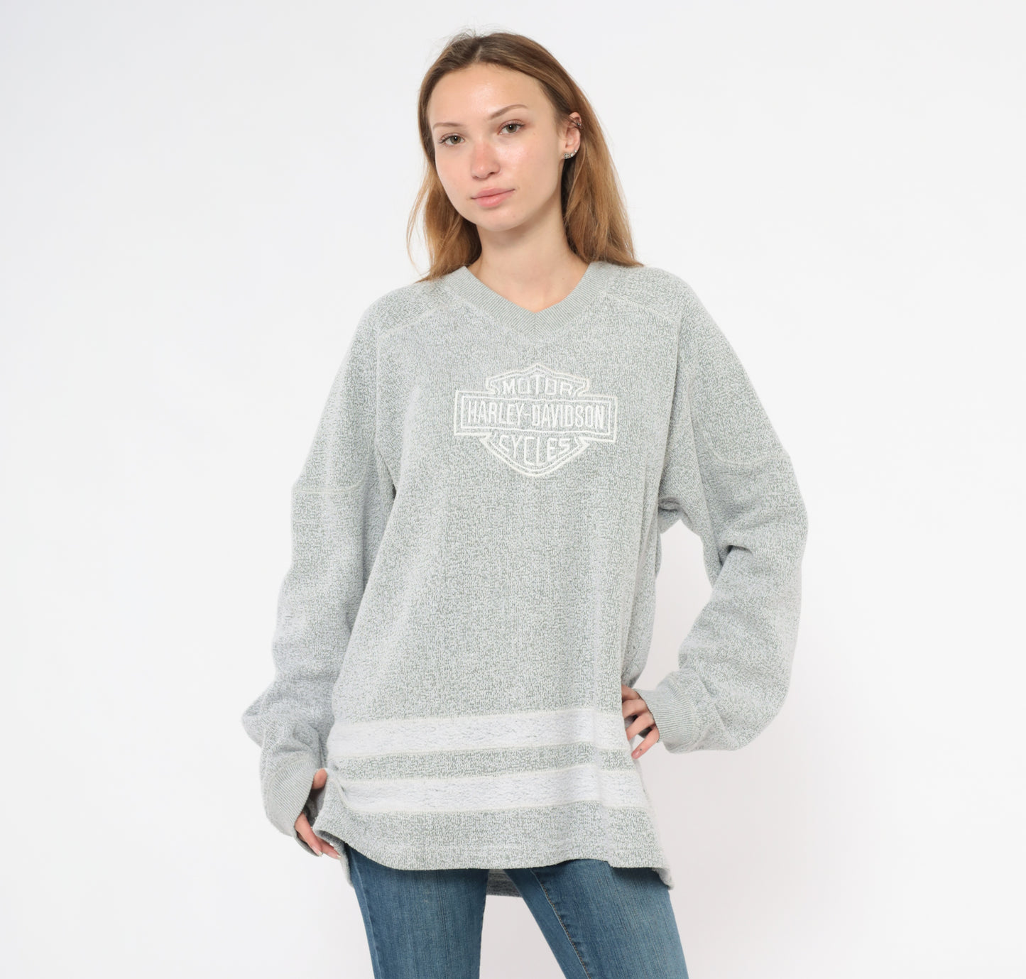 Harley Davidson Sweater Y2K Grey V Neck Pullover Biker Motorcycle Embroidered Stripe Hem Cotton Blend Charcoal Silver Unisex Vintage Large L