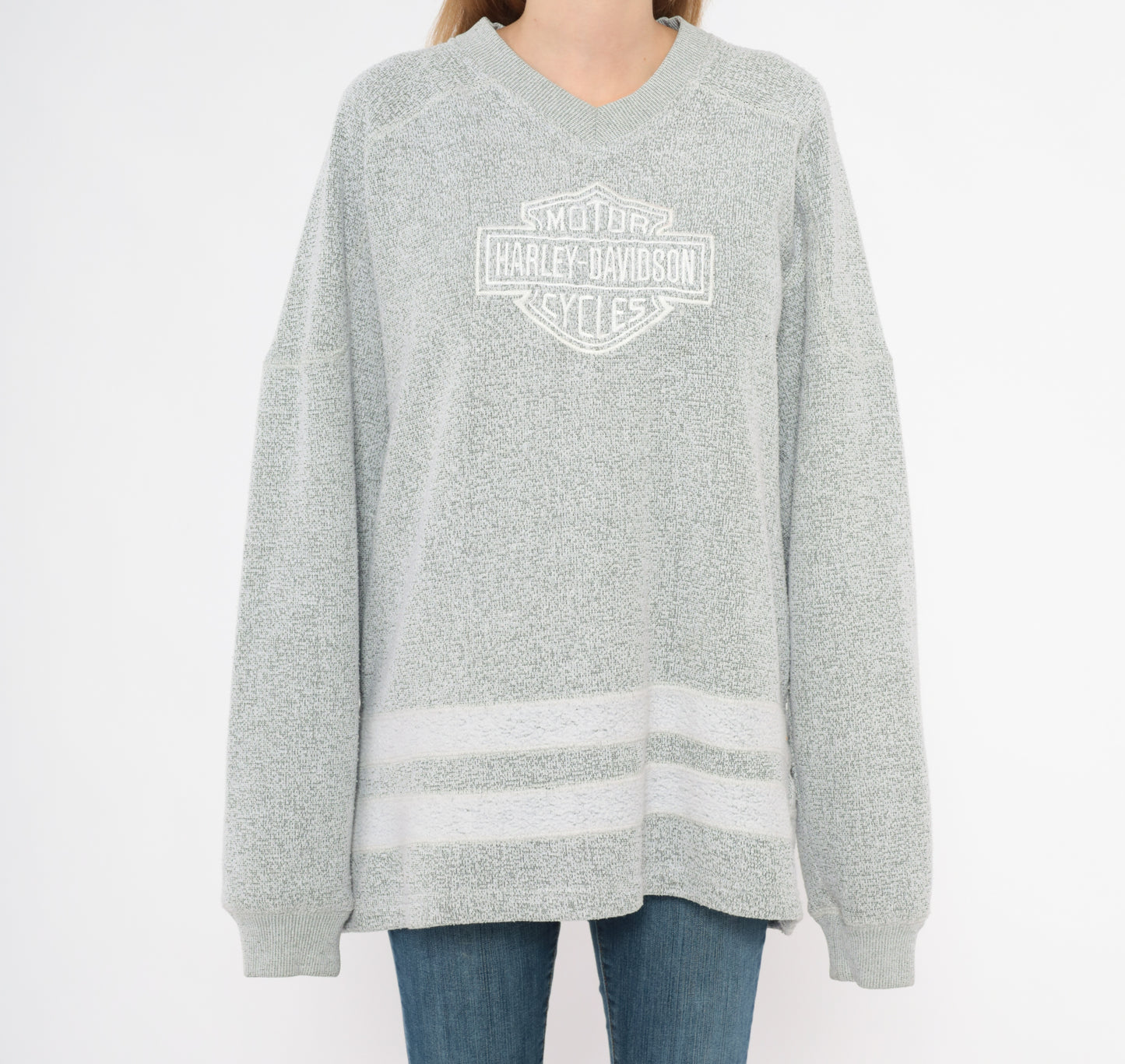 Harley Davidson Sweater Y2K Grey V Neck Pullover Biker Motorcycle Embroidered Stripe Hem Cotton Blend Charcoal Silver Unisex Vintage Large L