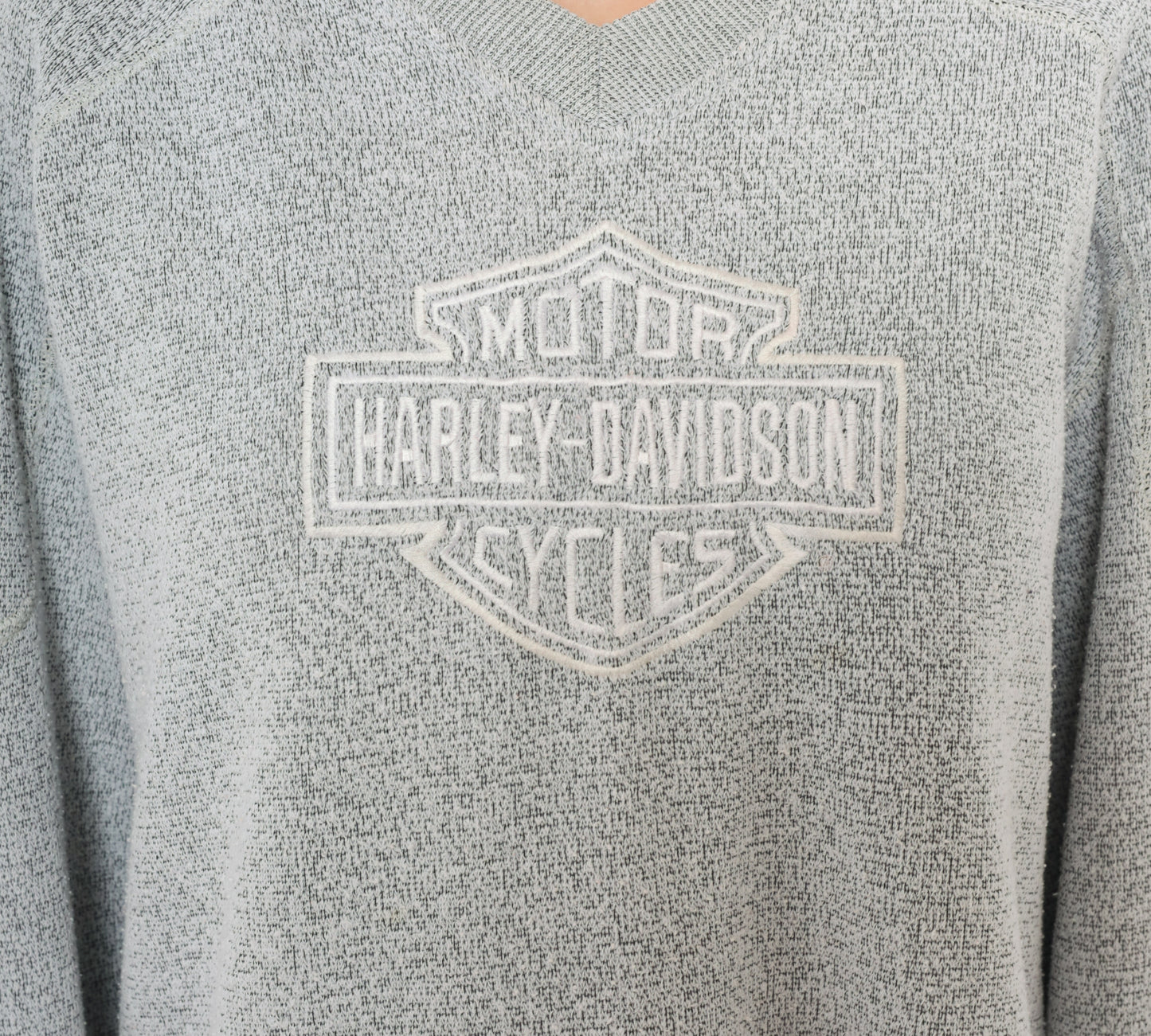 Harley Davidson Sweater Y2K Grey V Neck Pullover Biker Motorcycle Embroidered Stripe Hem Cotton Blend Charcoal Silver Unisex Vintage Large L