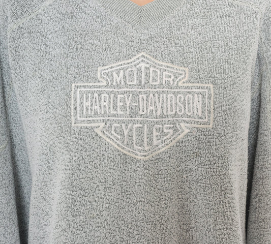 Harley Davidson Sweater Y2K Grey V Neck Pullover Biker Motorcycle Embroidered Stripe Hem Cotton Blend Charcoal Silver Unisex Vintage Large L