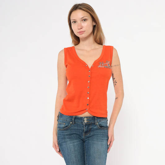 Harley Davidson Racing Tank Orange Sleeveless V Neck Vest Top 2000s Motorcycle Biker Wing Copper Terra Cotta Button Up Summer Shirt Large L