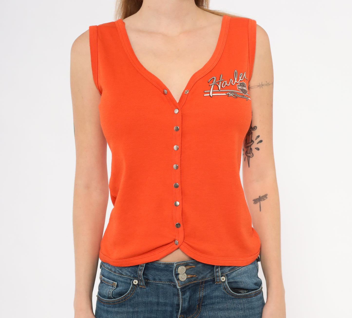 Harley Davidson Racing Tank Orange Sleeveless V Neck Vest Top 2000s Motorcycle Biker Wing Copper Terra Cotta Button Up Summer Shirt Large L