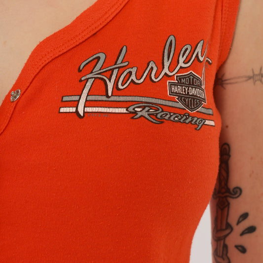 Harley Davidson Racing Tank Orange Sleeveless V Neck Vest Top 2000s Motorcycle Biker Wing Copper Terra Cotta Button Up Summer Shirt Large L