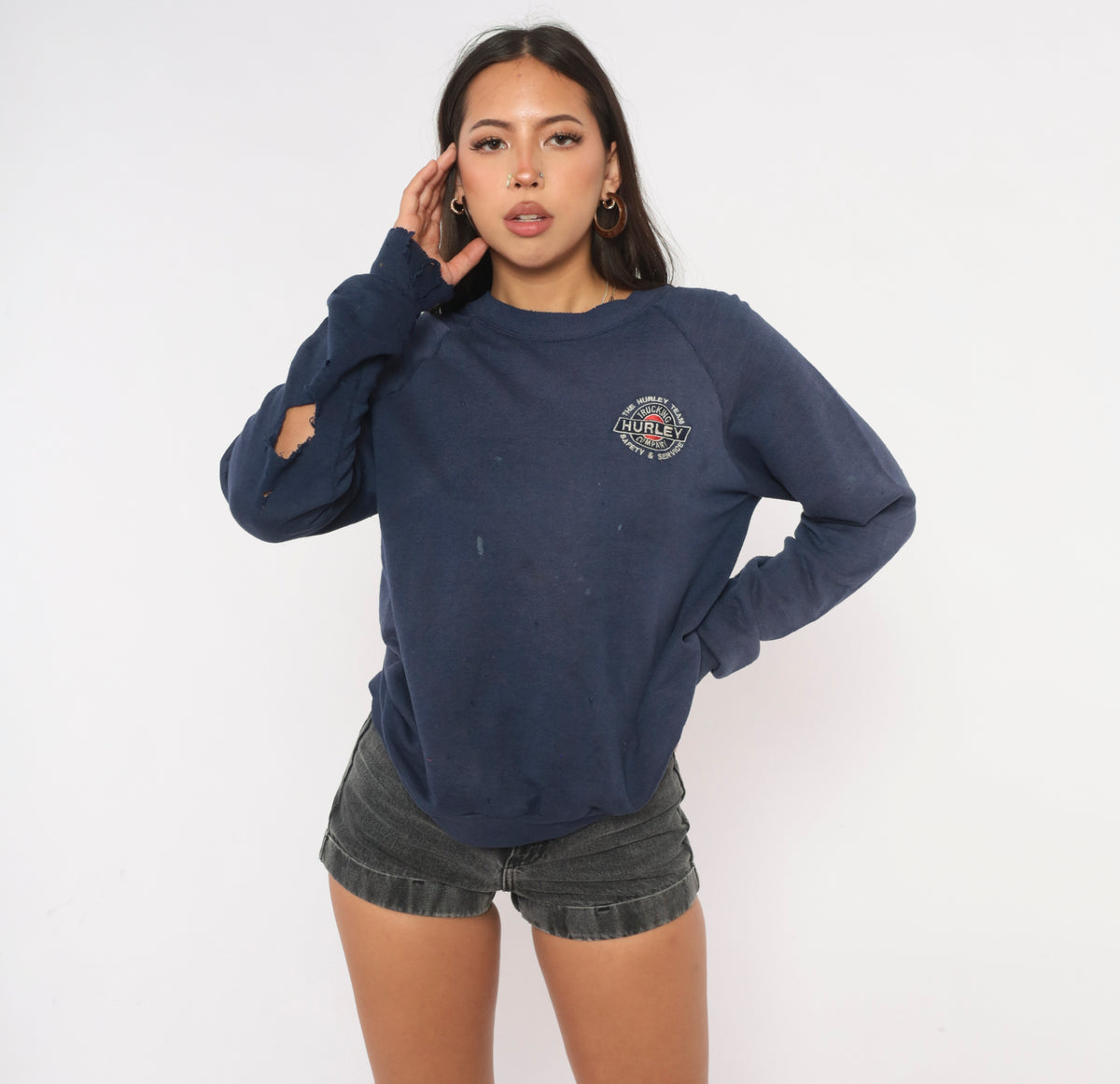 90s Distressed Navy Sweatshirt Trucking Company Embroidered Logo Raglan Sleeve Crew Neck Cotton Pullover Jerzees Grunge Thrashed Faded Blue Workwear Unisex Top Small S