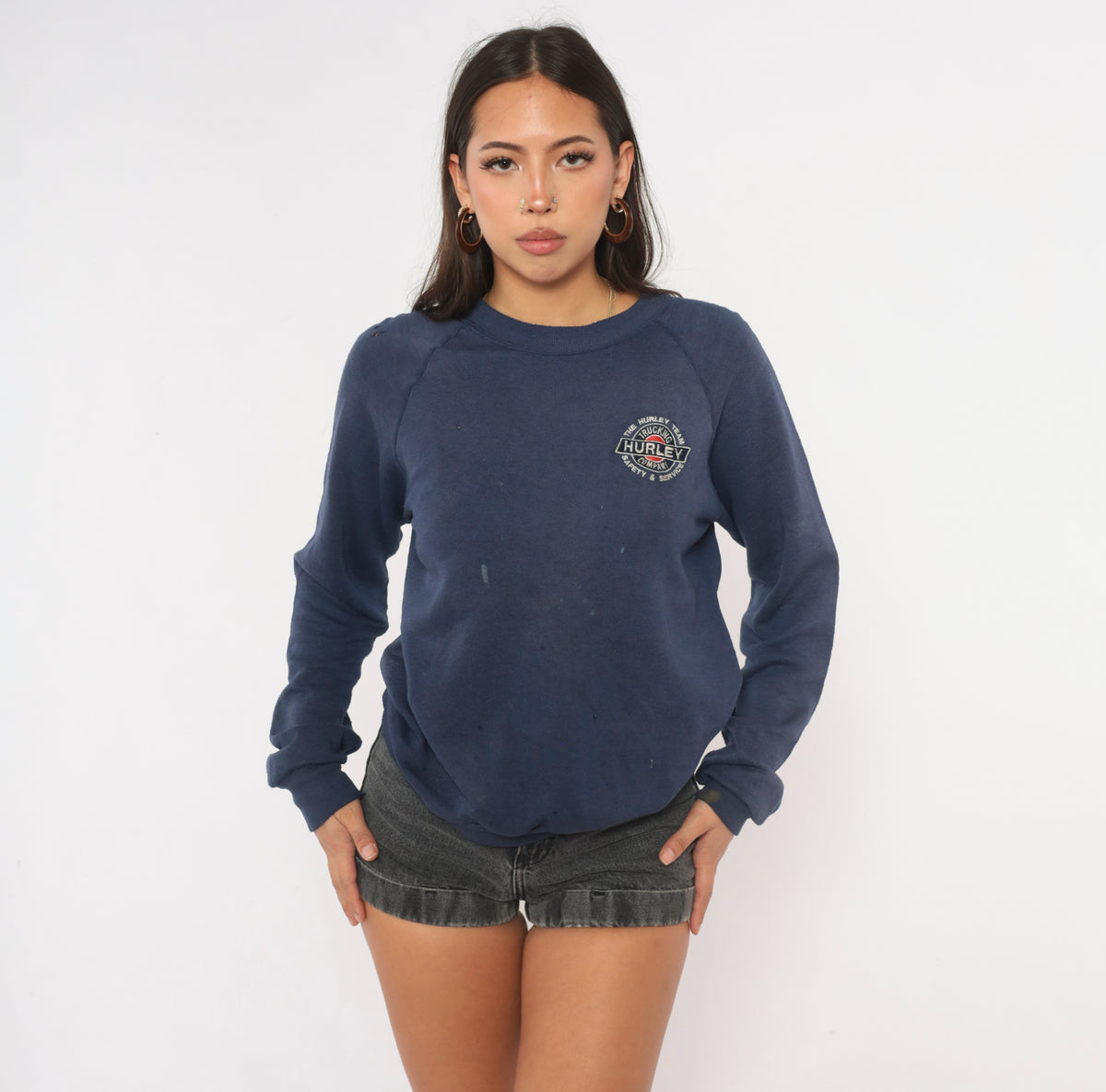 90s Distressed Navy Sweatshirt Trucking Company Embroidered Logo Raglan Sleeve Crew Neck Cotton Pullover Jerzees Grunge Thrashed Faded Blue Workwear Unisex Top Small S