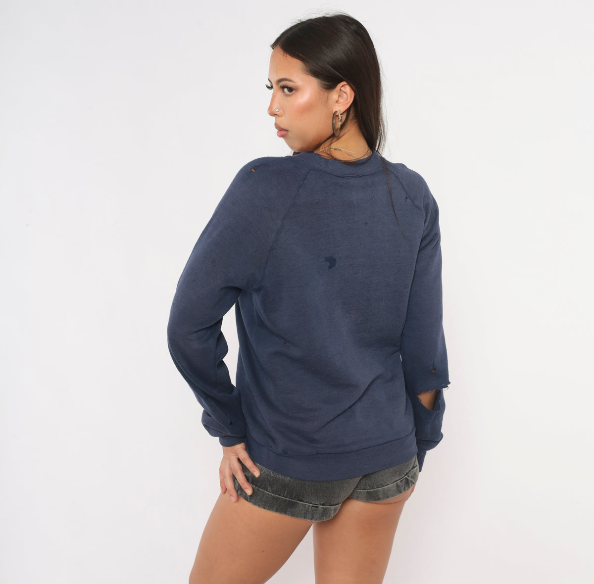 90s Distressed Navy Sweatshirt Trucking Company Embroidered Logo Raglan Sleeve Crew Neck Cotton Pullover Jerzees Grunge Thrashed Faded Blue Workwear Unisex Top Small S