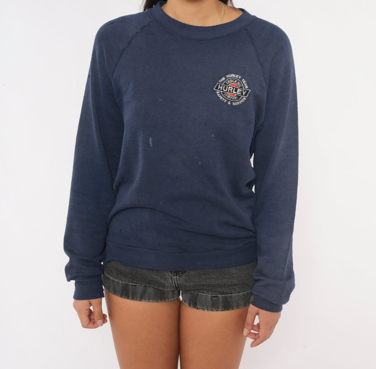90s Distressed Navy Sweatshirt Trucking Company Embroidered Logo Raglan Sleeve Crew Neck Cotton Pullover Jerzees Grunge Thrashed Faded Blue Workwear Unisex Top Small S