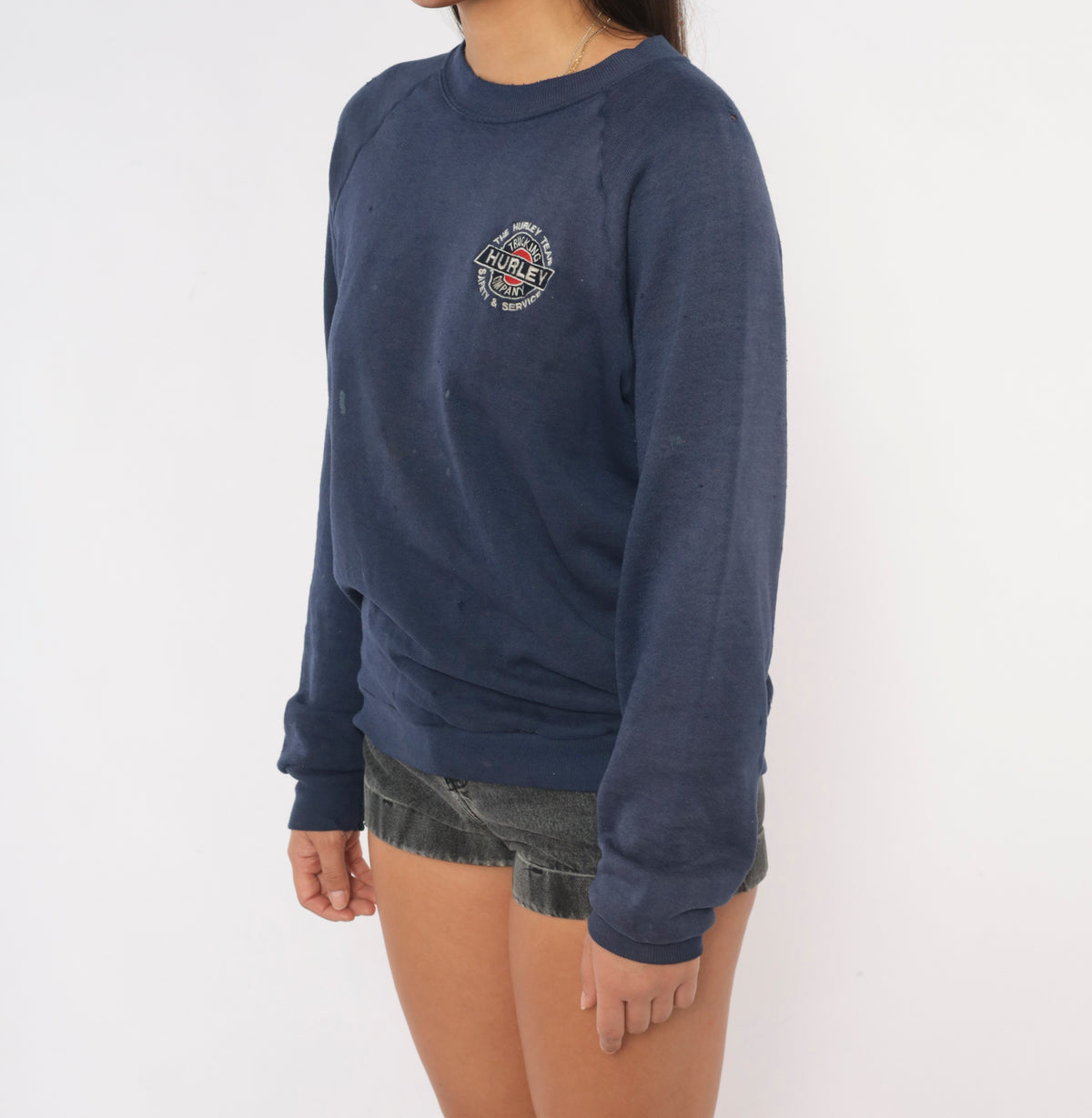 90s Distressed Navy Sweatshirt Trucking Company Embroidered Logo Raglan Sleeve Crew Neck Cotton Pullover Jerzees Grunge Thrashed Faded Blue Workwear Unisex Top Small S