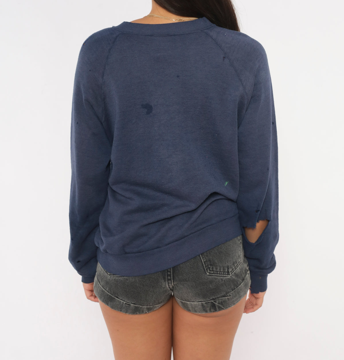 90s Distressed Navy Sweatshirt Trucking Company Embroidered Logo Raglan Sleeve Crew Neck Cotton Pullover Jerzees Grunge Thrashed Faded Blue Workwear Unisex Top Small S