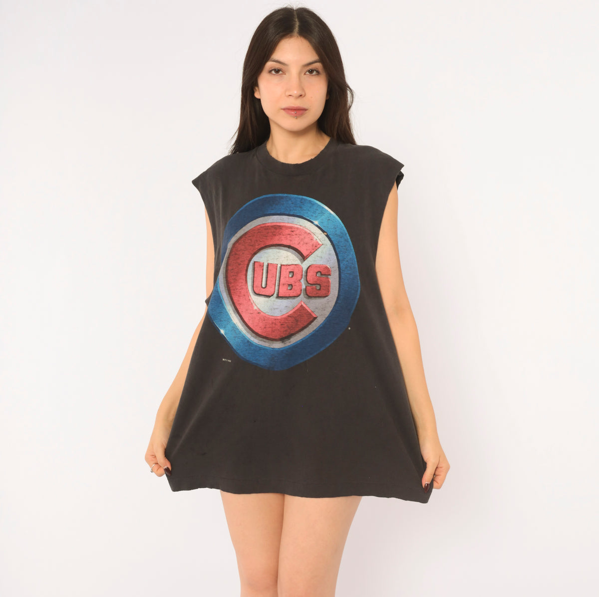 90s Chicago Cubs Muscle Tee MLB Baseball Black Blue Red Cotton Sleeveless Graphic Tank Top Cut Off Sleeve Faded Boxy Fit Salem Sportswear Unisex Grunge Vintage Large L