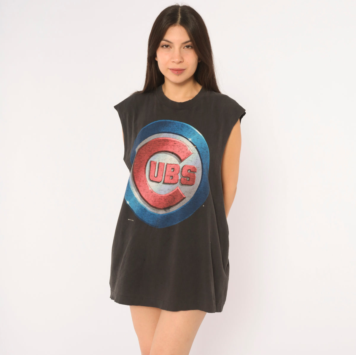 90s Chicago Cubs Muscle Tee MLB Baseball Black Blue Red Cotton Sleeveless Graphic Tank Top Cut Off Sleeve Faded Boxy Fit Salem Sportswear Unisex Grunge Vintage Large L
