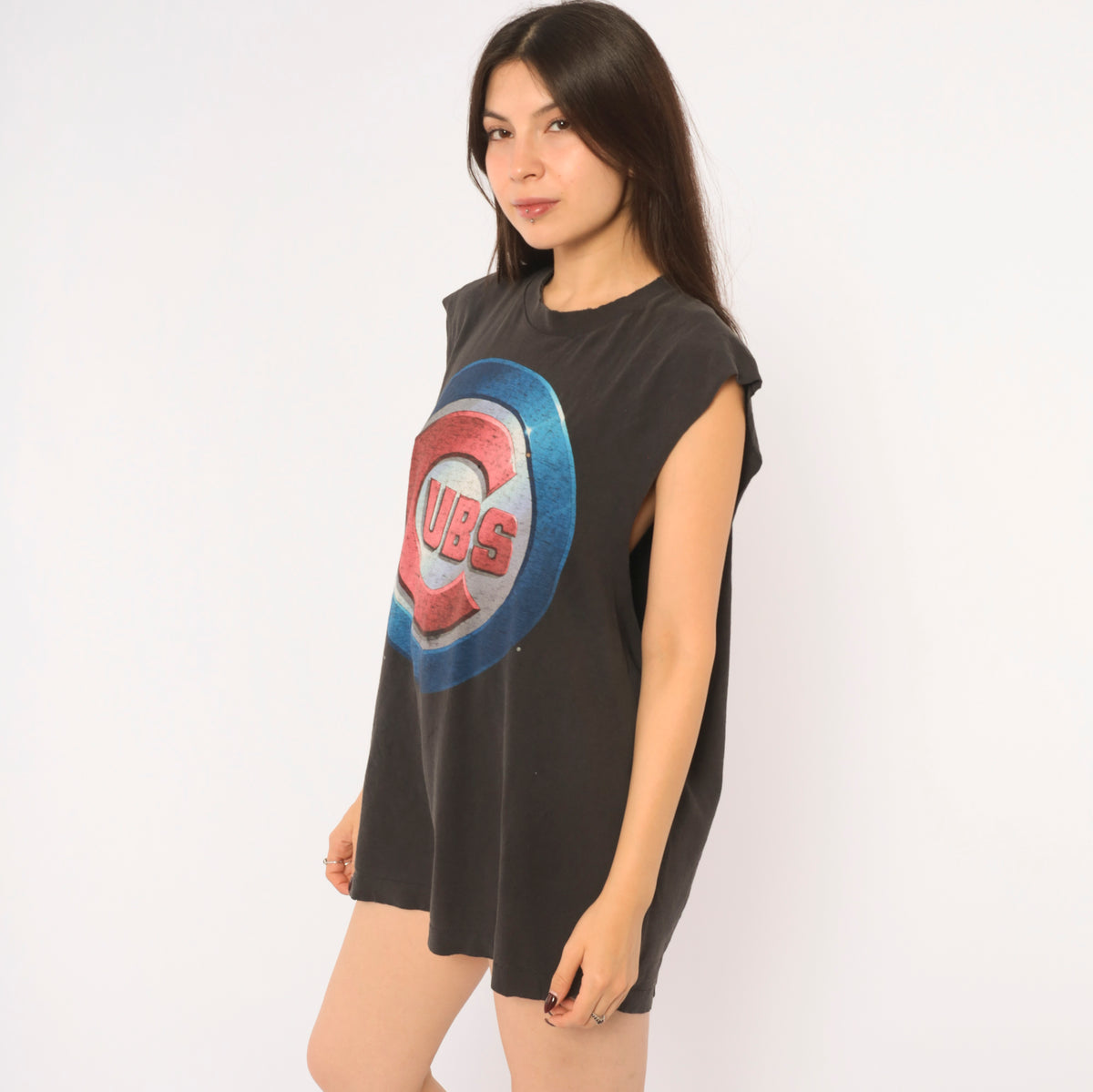 90s Chicago Cubs Muscle Tee MLB Baseball Black Blue Red Cotton Sleeveless Graphic Tank Top Cut Off Sleeve Faded Boxy Fit Salem Sportswear Unisex Grunge Vintage Large L