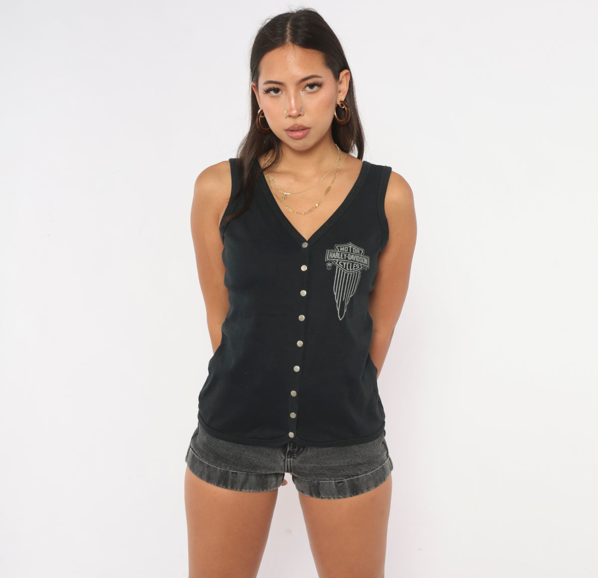 80s Harley Davidson Tank Top Black Snap Front V Neck Sleeveless Cotton Biker Vest Motorcycle Logo Graphic Fitted Rocker Moto Shirt Grunge Womens Vintage Large L