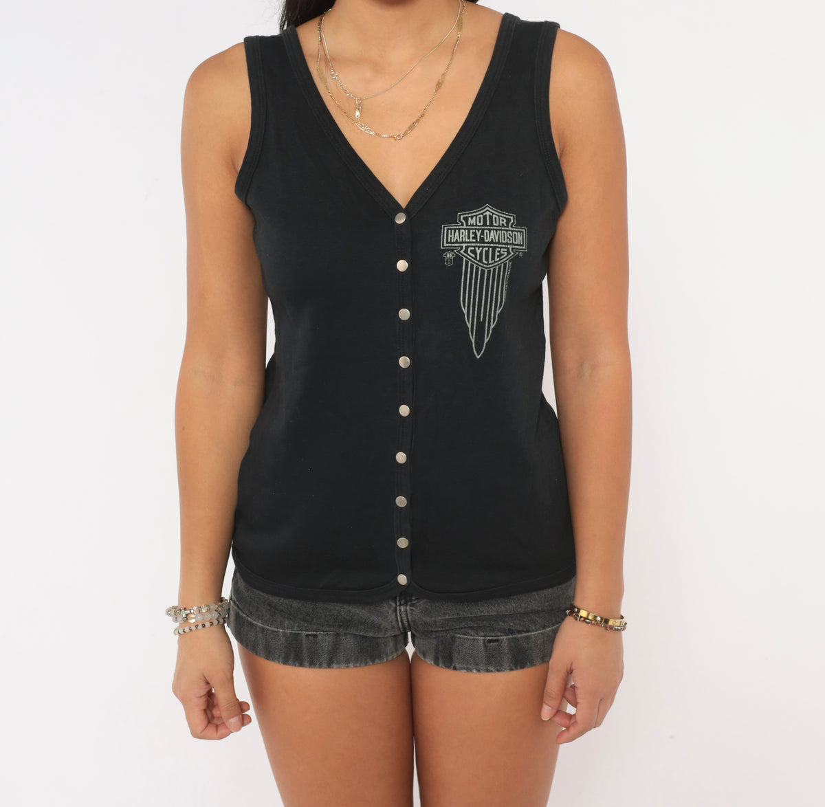 80s Harley Davidson Tank Top Black Snap Front V Neck Sleeveless Cotton Biker Vest Motorcycle Logo Graphic Fitted Rocker Moto Shirt Grunge Womens Vintage Large L