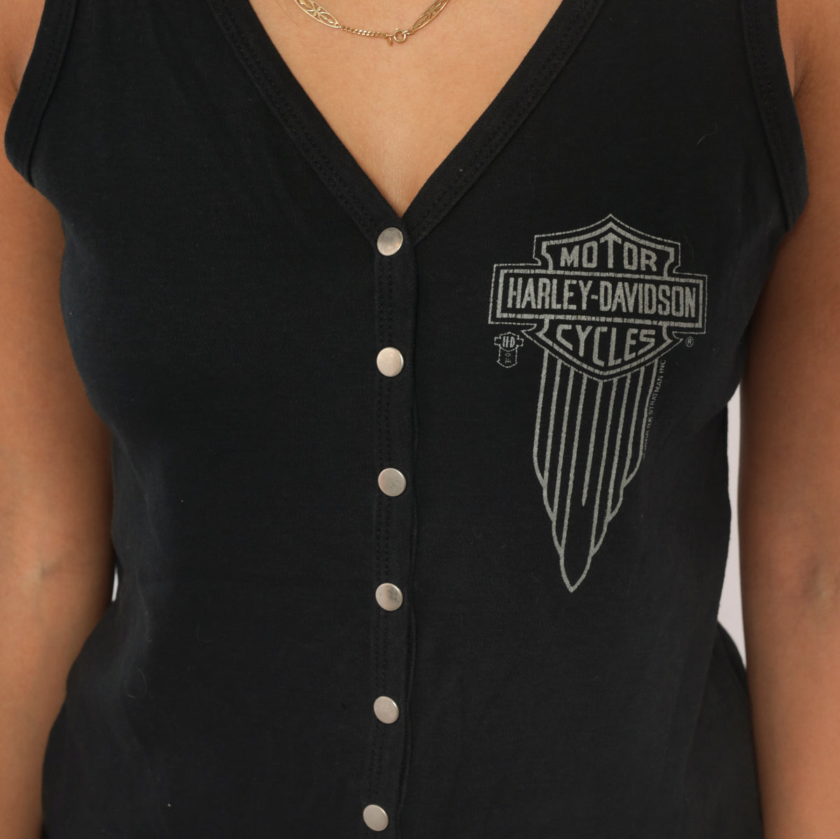 80s Harley Davidson Tank Top Black Snap Front V Neck Sleeveless Cotton Biker Vest Motorcycle Logo Graphic Fitted Rocker Moto Shirt Grunge Womens Vintage Large L