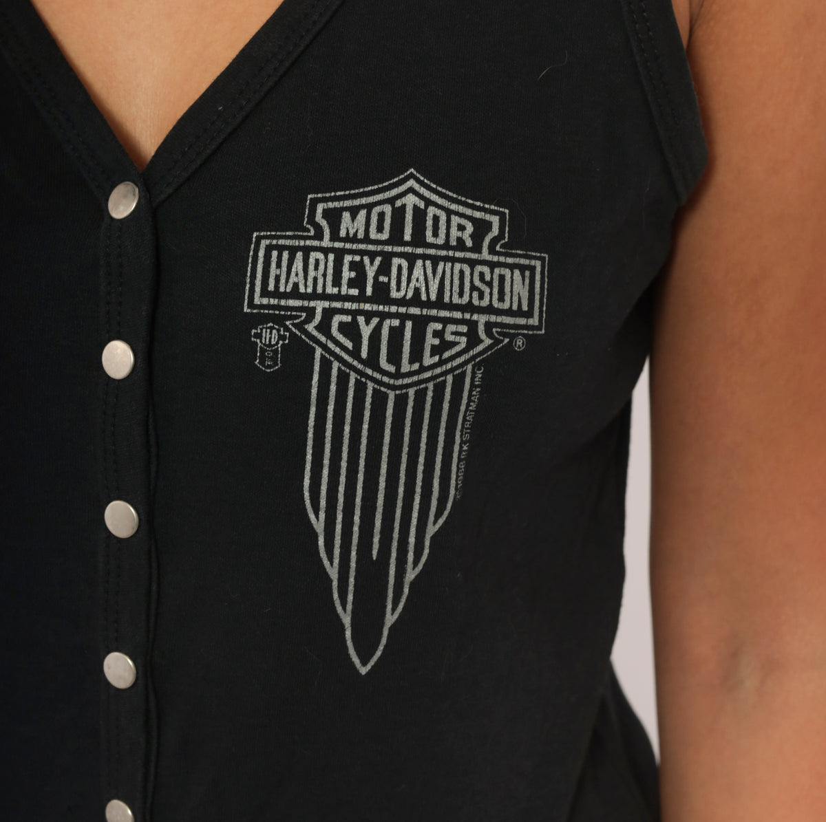 80s Harley Davidson Tank Top Black Snap Front V Neck Sleeveless Cotton Biker Vest Motorcycle Logo Graphic Fitted Rocker Moto Shirt Grunge Womens Vintage Large L