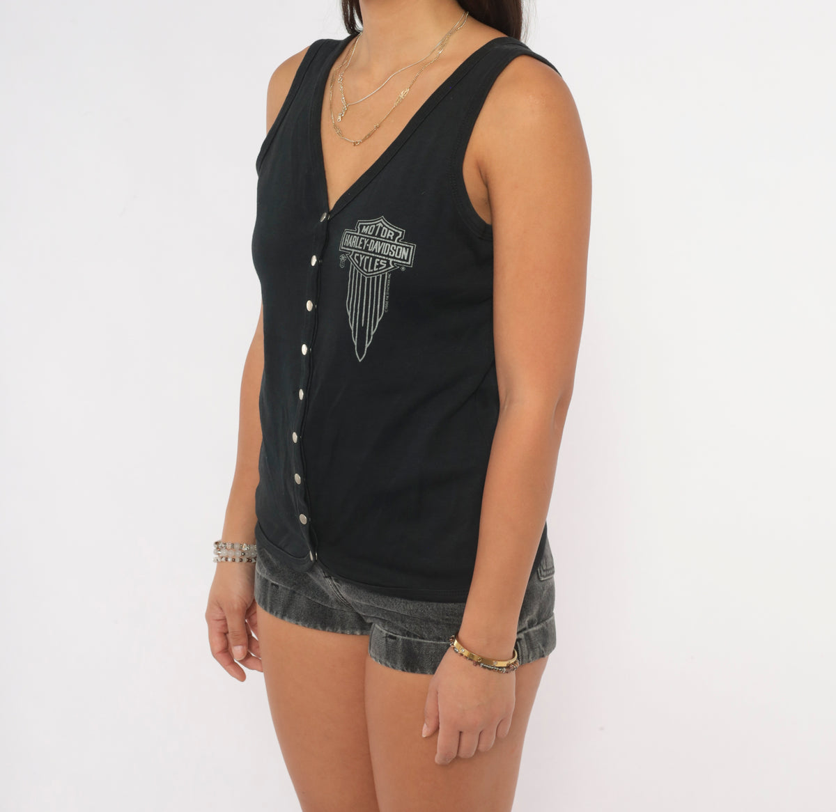 80s Harley Davidson Tank Top Black Snap Front V Neck Sleeveless Cotton Biker Vest Motorcycle Logo Graphic Fitted Rocker Moto Shirt Grunge Womens Vintage Large L