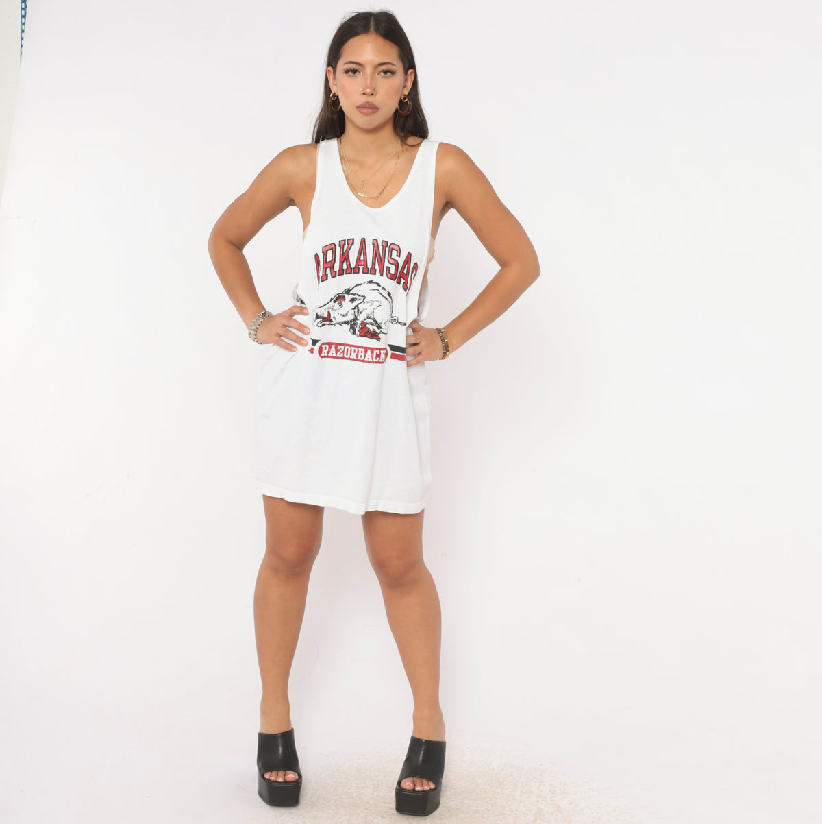 90s Champion Arkansas Razorbacks Tank Top White Cotton Red Graphic Print Scoop Neck Sleeveless College Football NCAA Sports Team Fan Boxy Vintage Extra Large XL