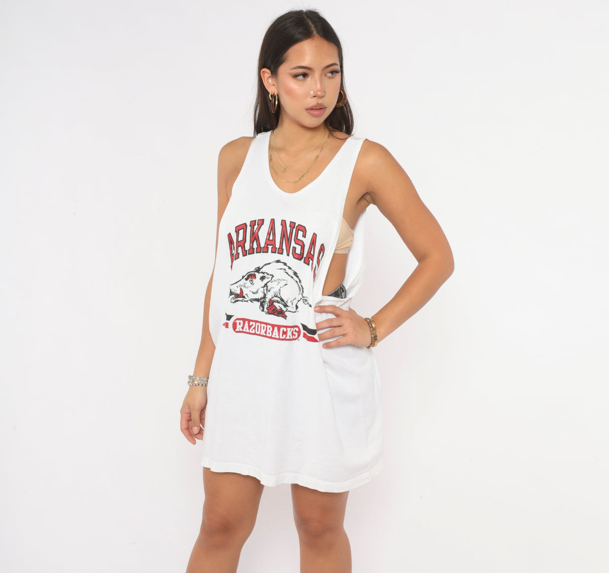 90s Champion Arkansas Razorbacks Tank Top White Cotton Red Graphic Print Scoop Neck Sleeveless College Football NCAA Sports Team Fan Boxy Vintage Extra Large XL