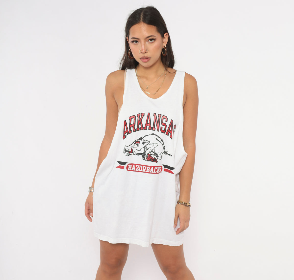 90s Champion Arkansas Razorbacks Tank Top White Cotton Red Graphic Print Scoop Neck Sleeveless College Football NCAA Sports Team Fan Boxy Vintage Extra Large XL