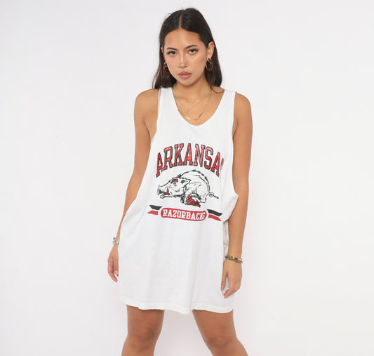 90s Champion Arkansas Razorbacks Tank Top White Cotton Red Graphic Print Scoop Neck Sleeveless College Football NCAA Sports Team Fan Boxy Vintage Extra Large XL