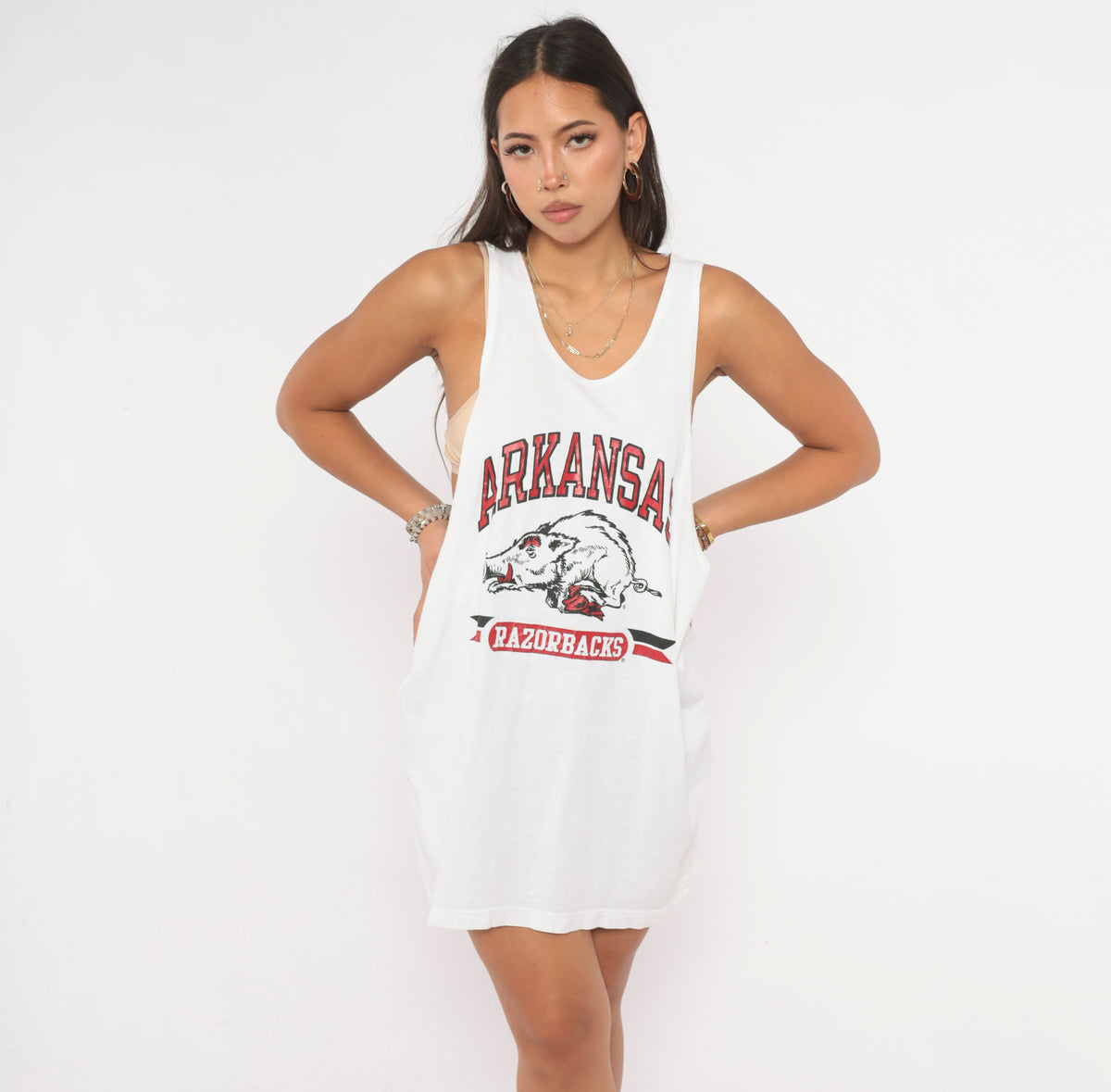 90s Champion Arkansas Razorbacks Tank Top White Cotton Red Graphic Print Scoop Neck Sleeveless College Football NCAA Sports Team Fan Boxy Vintage Extra Large XL