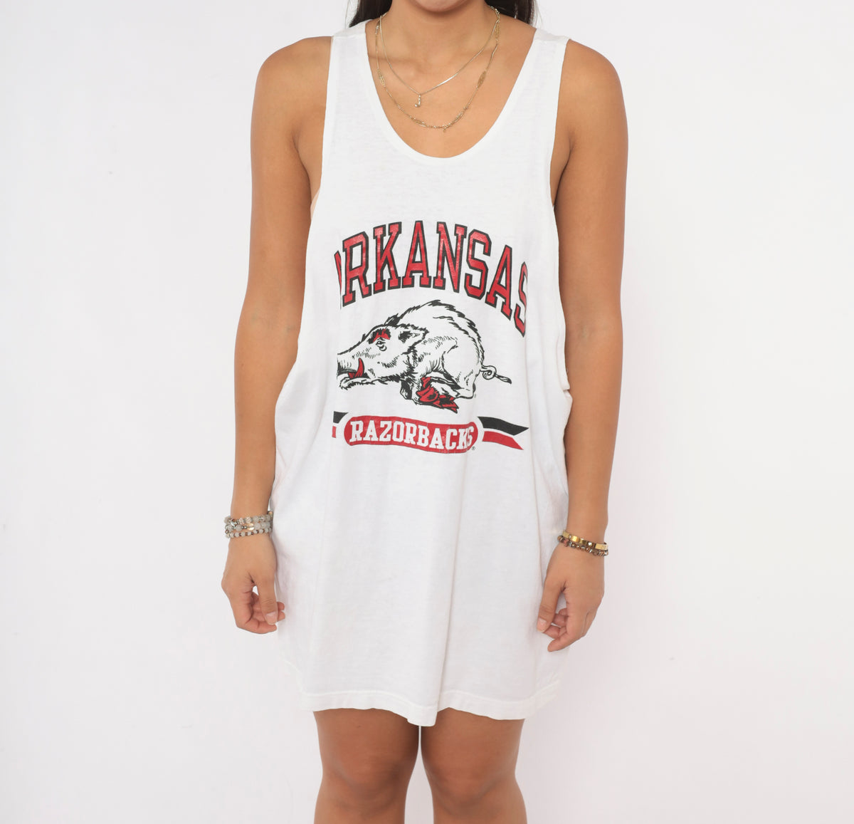 90s Champion Arkansas Razorbacks Tank Top White Cotton Red Graphic Print Scoop Neck Sleeveless College Football NCAA Sports Team Fan Boxy Vintage Extra Large XL