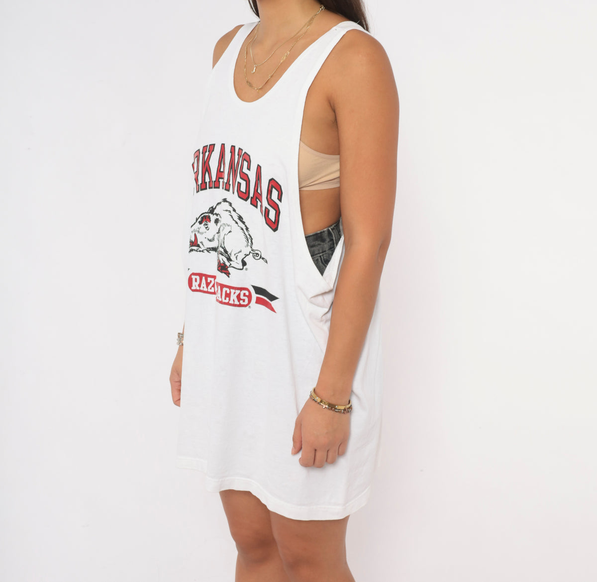 90s Champion Arkansas Razorbacks Tank Top White Cotton Red Graphic Print Scoop Neck Sleeveless College Football NCAA Sports Team Fan Boxy Vintage Extra Large XL