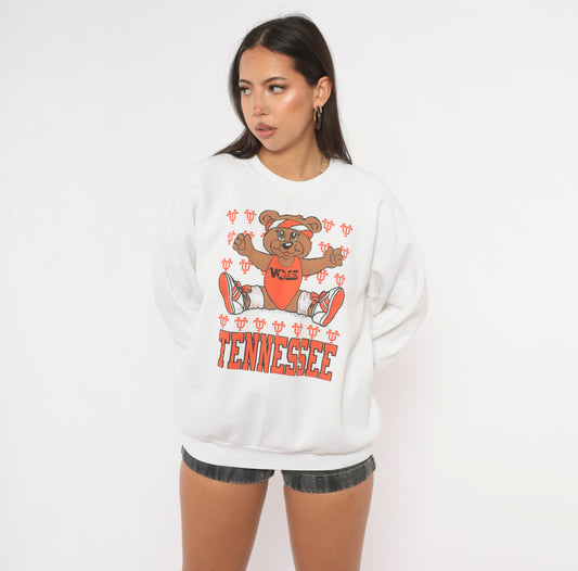90s Tennessee Vols Teddy Bear Graphic Sweatshirt White Orange Raglan Large