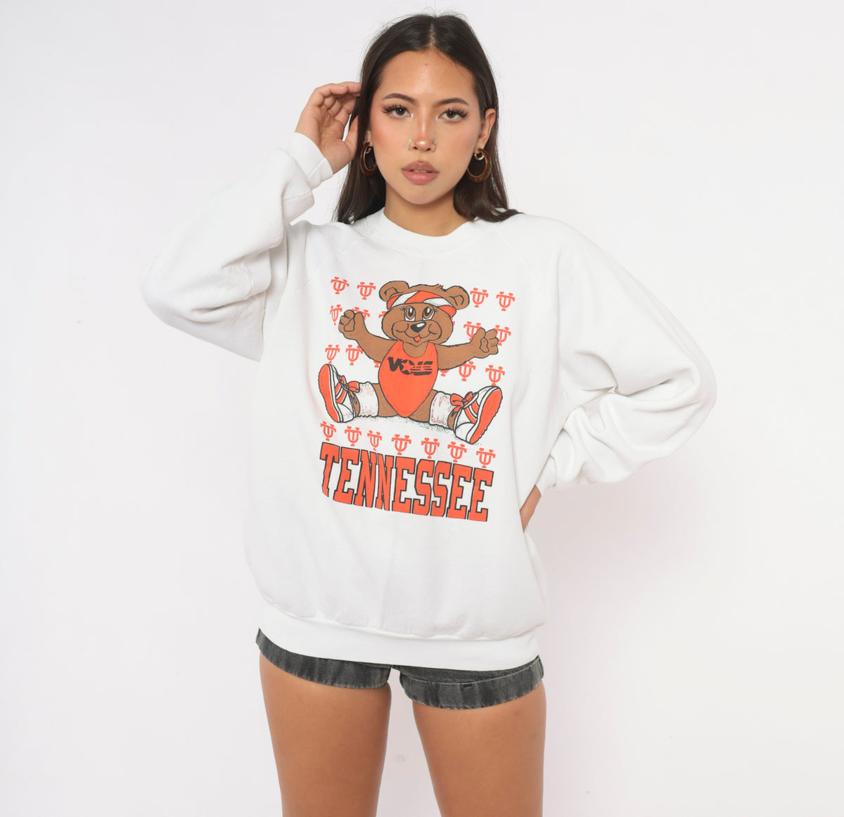 90s Tennessee Vols Teddy Bear Graphic Sweatshirt White Orange Raglan Large