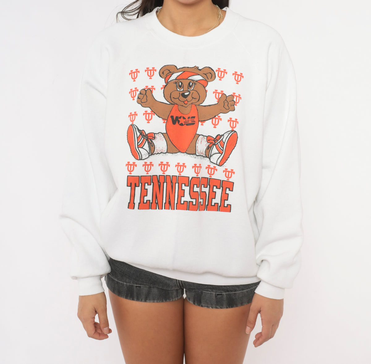 90s Tennessee Vols Teddy Bear Graphic Sweatshirt White Orange Raglan Large
