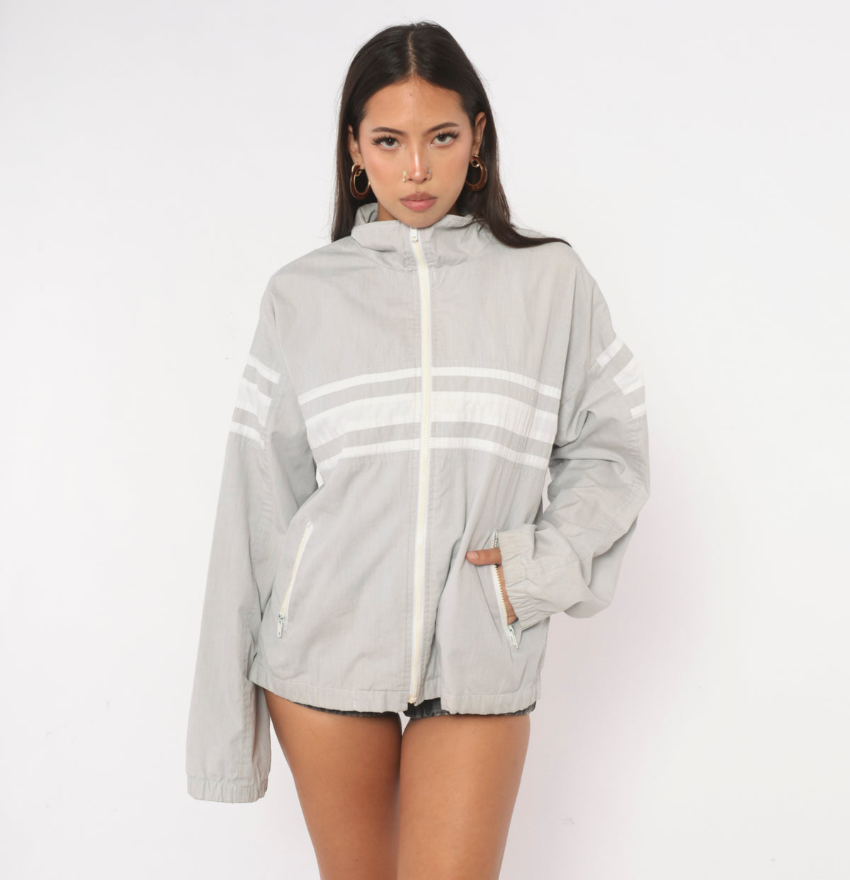 80s Christian Dior Windbreaker Grey White Stripe Stand Collar Jacket Large