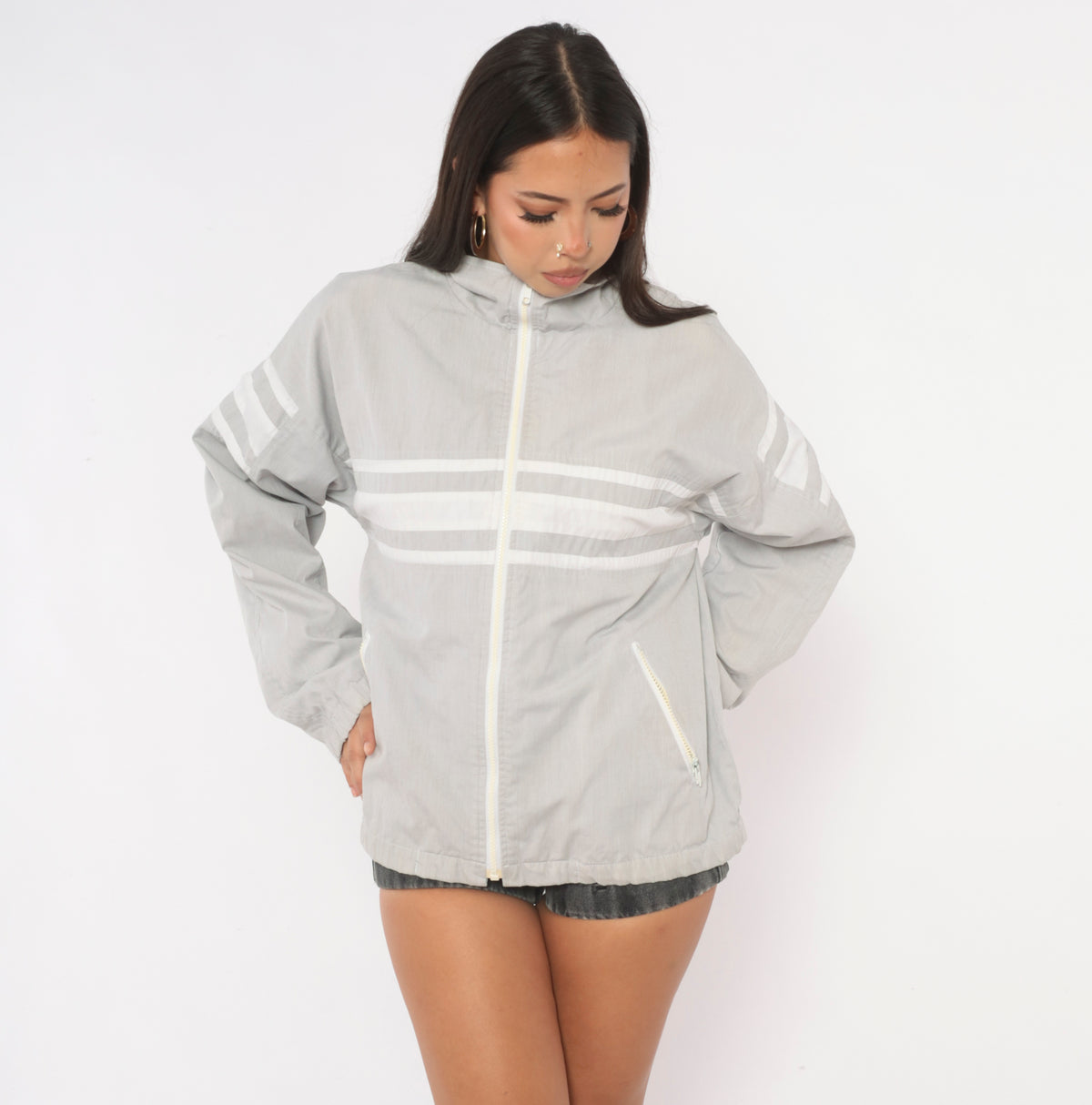 80s Christian Dior Windbreaker Grey White Stripe Stand Collar Jacket Large