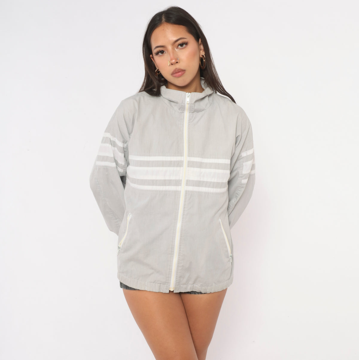 80s Christian Dior Windbreaker Grey White Stripe Stand Collar Jacket Large