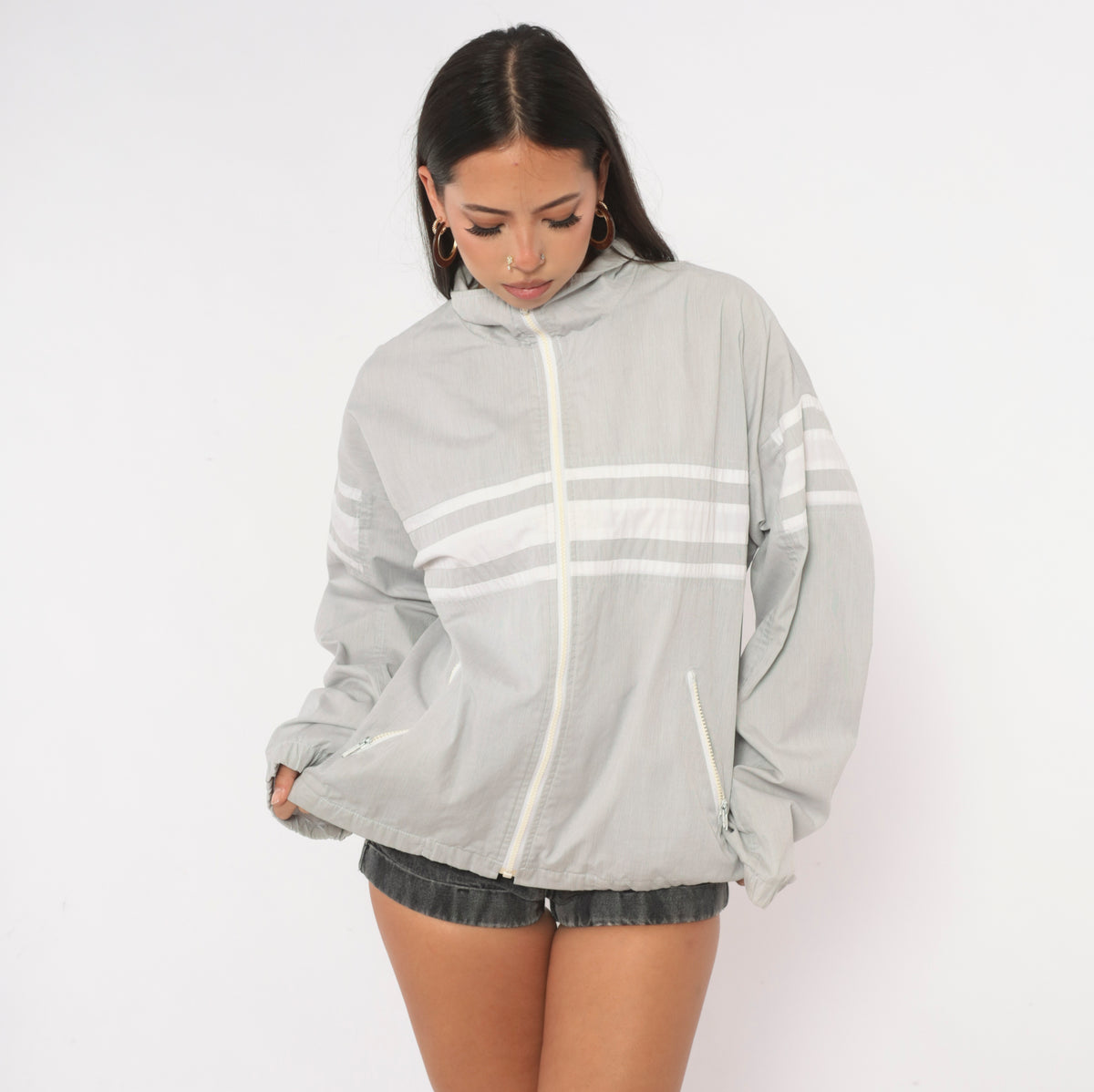 80s Christian Dior Windbreaker Grey White Stripe Stand Collar Jacket Large