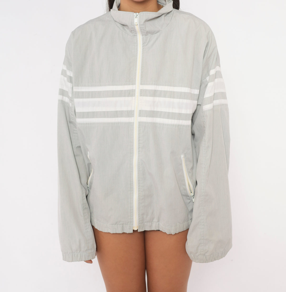 80s Christian Dior Windbreaker Grey White Stripe Stand Collar Jacket Large