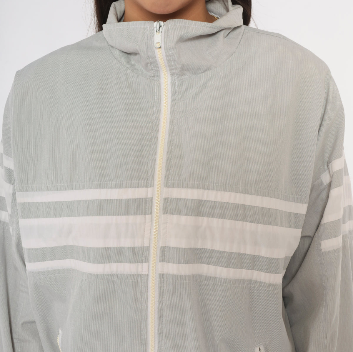 80s Christian Dior Windbreaker Grey White Stripe Stand Collar Jacket Large