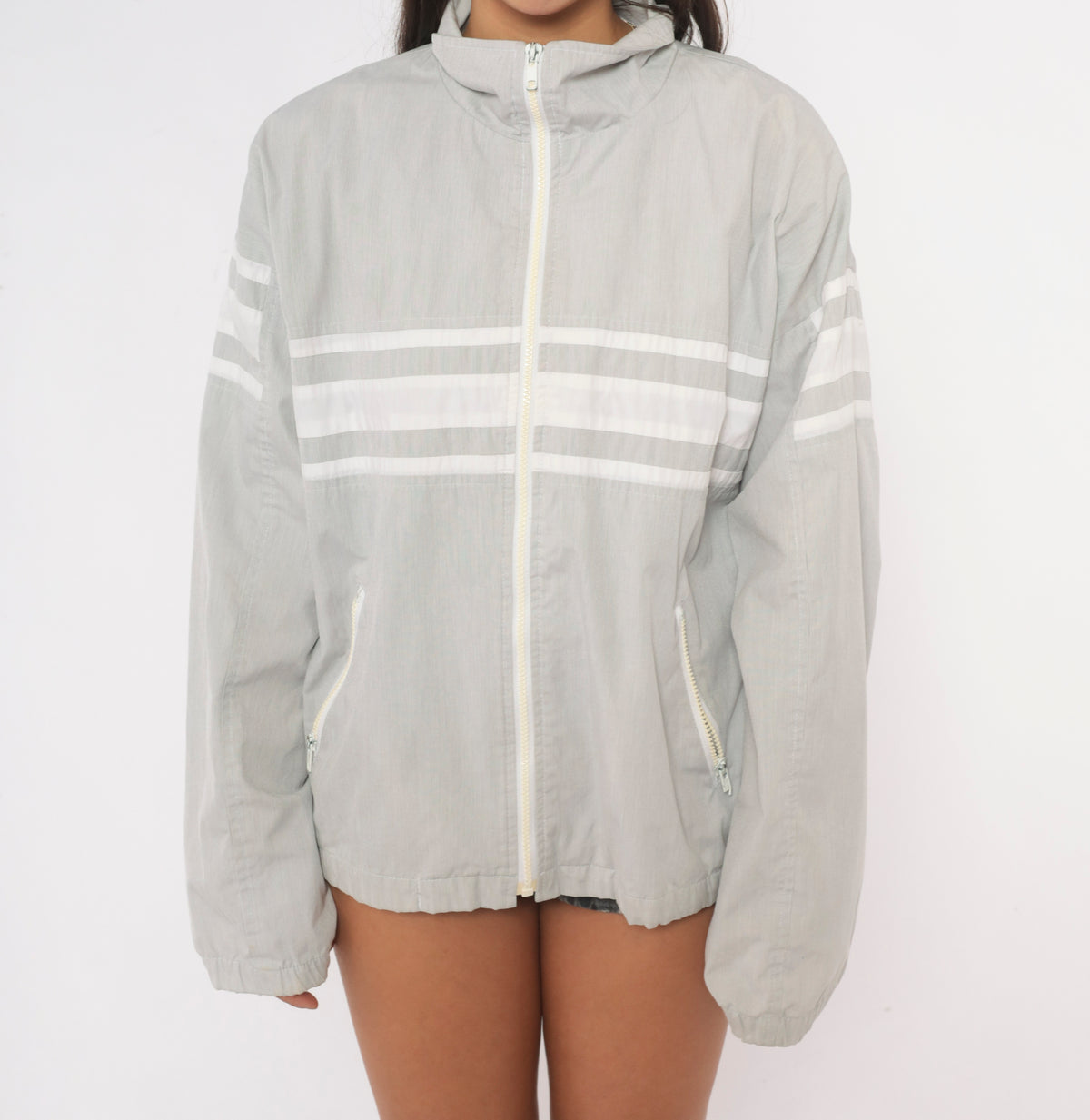 80s Christian Dior Windbreaker Grey White Stripe Stand Collar Jacket Large