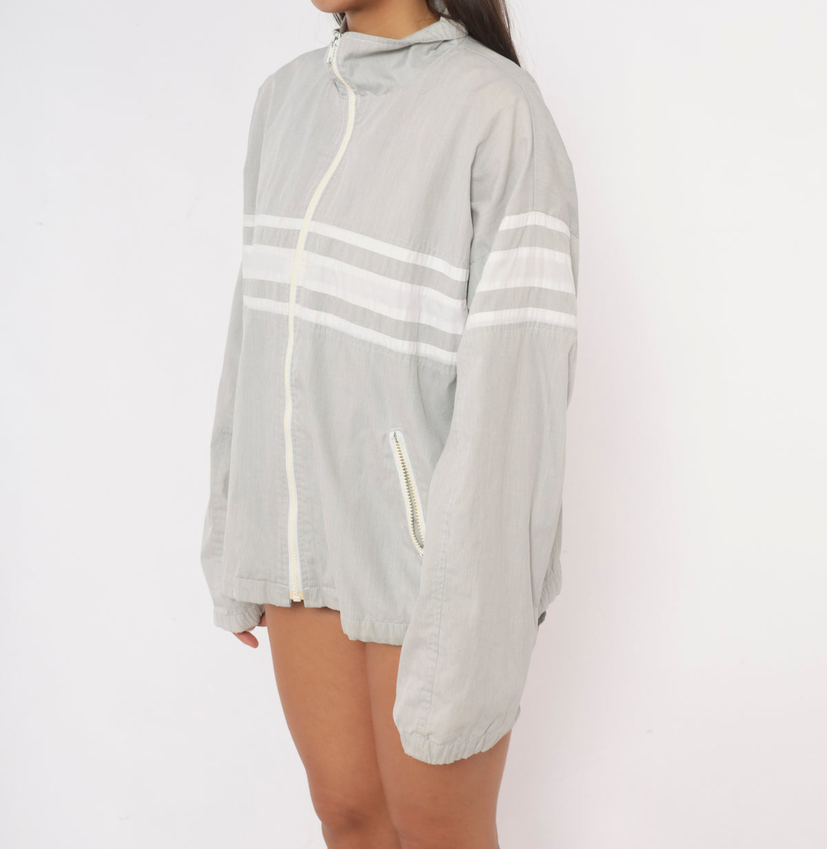 80s Christian Dior Windbreaker Grey White Stripe Stand Collar Jacket Large