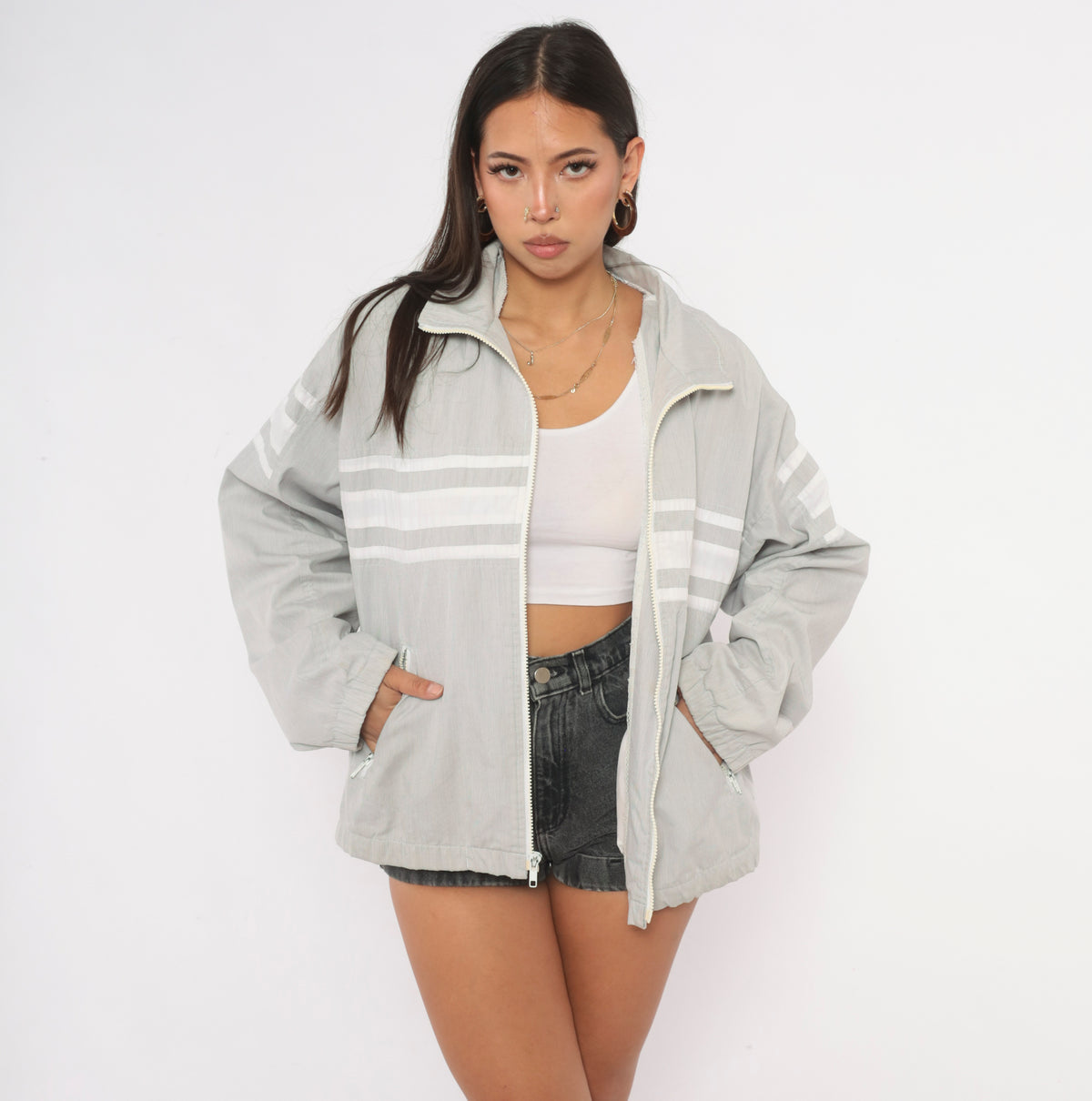 80s Christian Dior Windbreaker Grey White Stripe Stand Collar Jacket Large