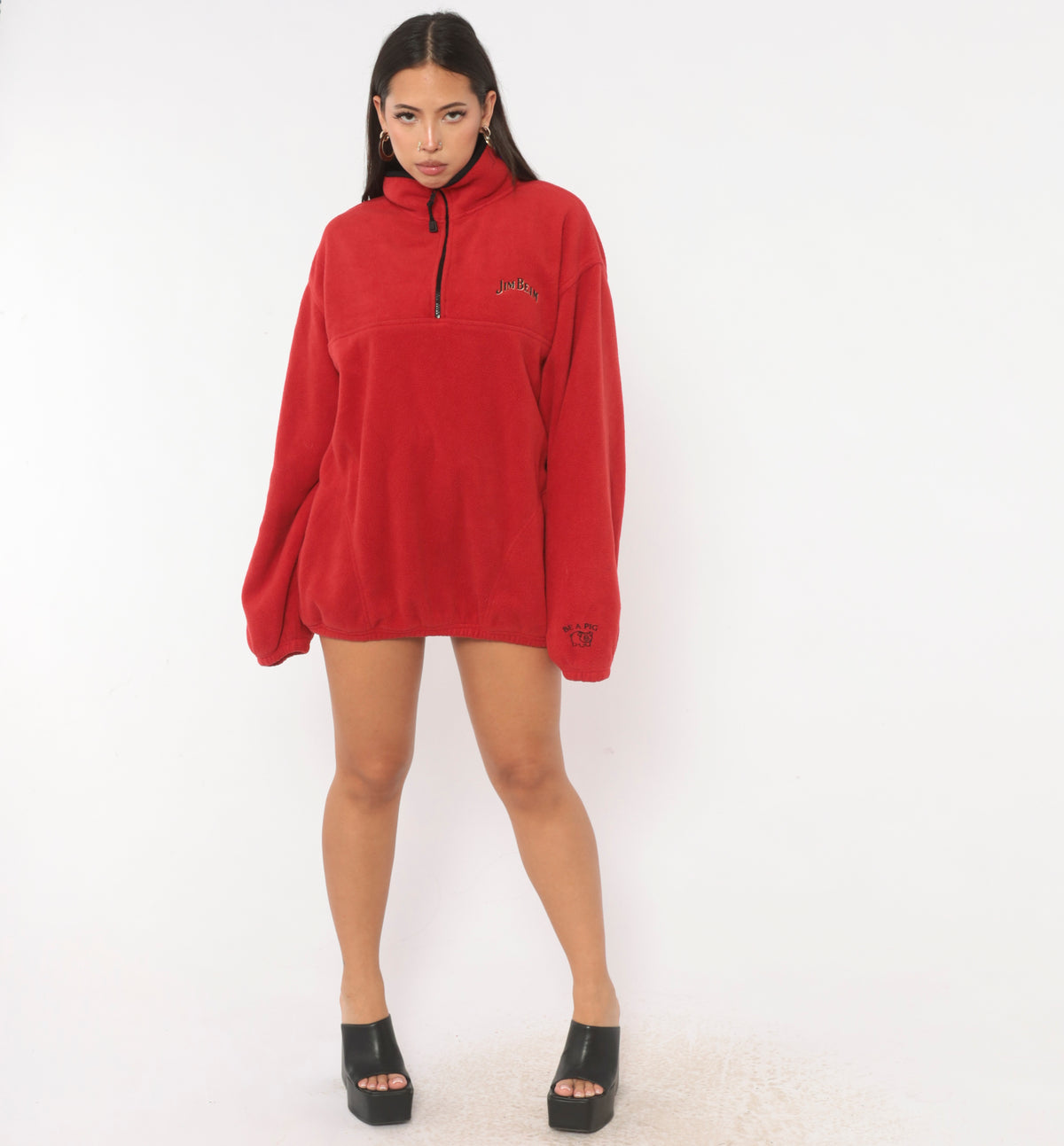 90s Jim Beam Red Fleece Half Zip Pullover Mock Neck Embroidered Logo Large L