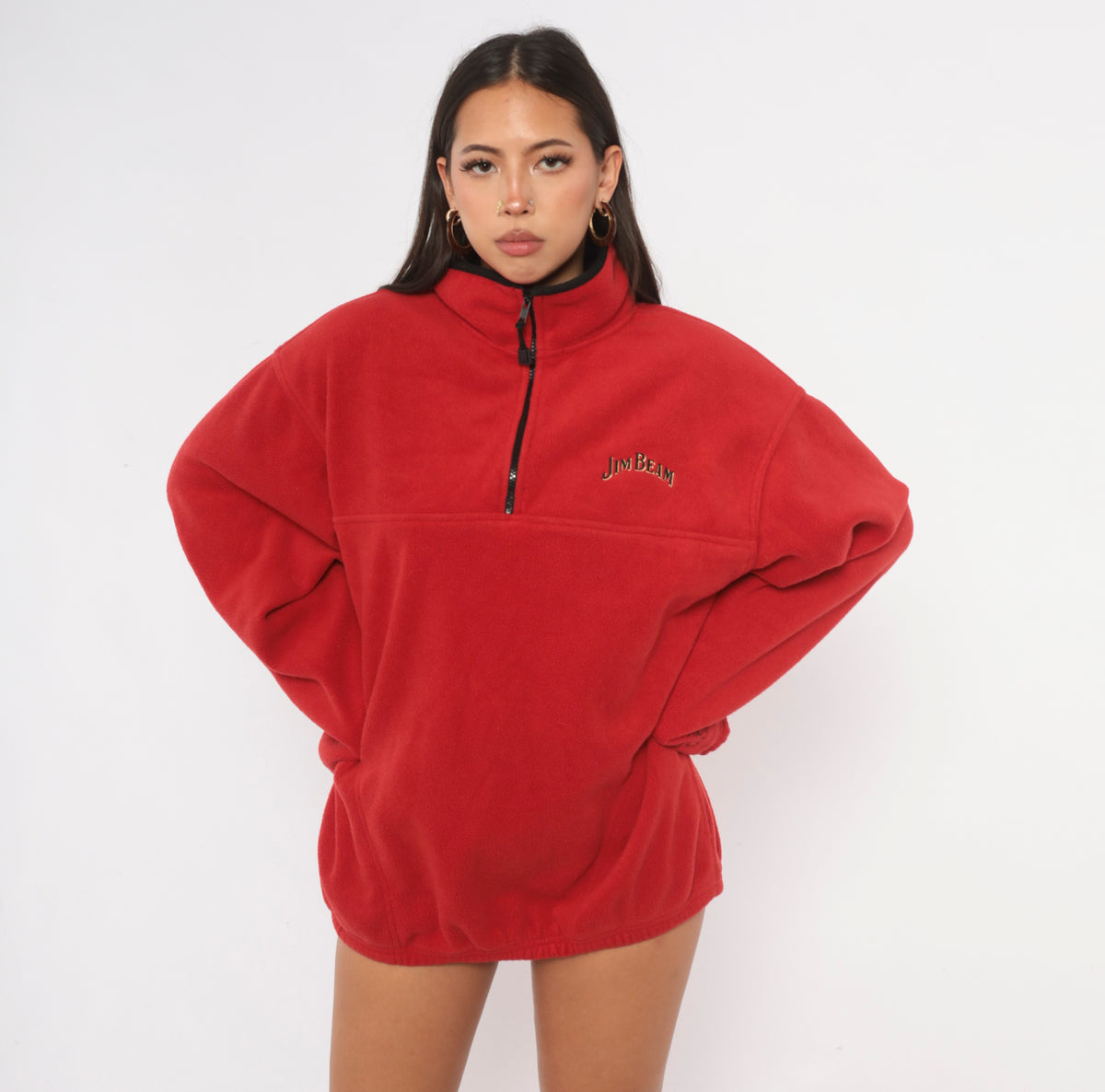 90s Jim Beam Red Fleece Half Zip Pullover Mock Neck Embroidered Logo Large L