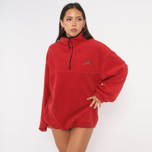 90s Jim Beam Red Fleece Half Zip Pullover Mock Neck Embroidered Logo Large L