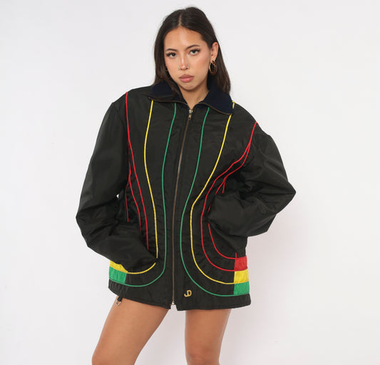 80s Black Bomber Jacket Red Yellow Green Piping Zip Front Quilted Lining Ribbed Collar Navy Boxy Fit Rasta Color Stripe Racing Windbreaker Coat Womens Vintage Medium M