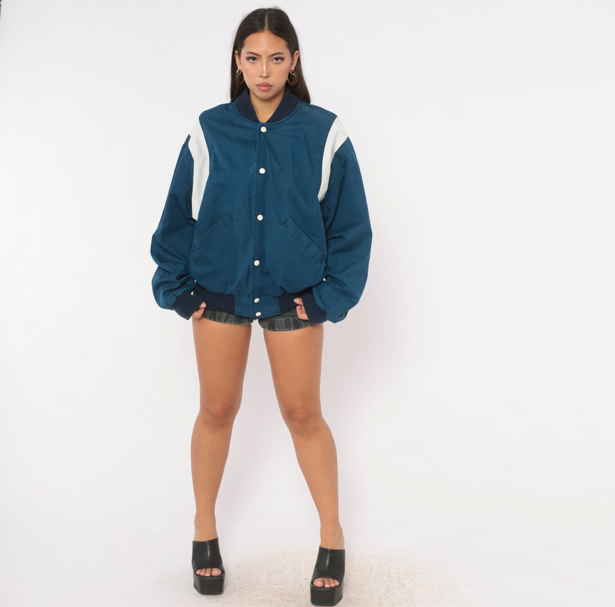 80s Price Club Costco Bomber Jacket Navy White Color Block Snap Front Large