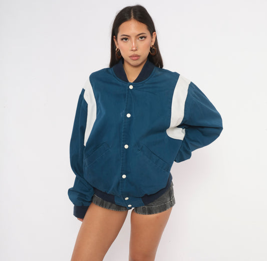 80s Price Club Costco Bomber Jacket Navy White Color Block Snap Front Large