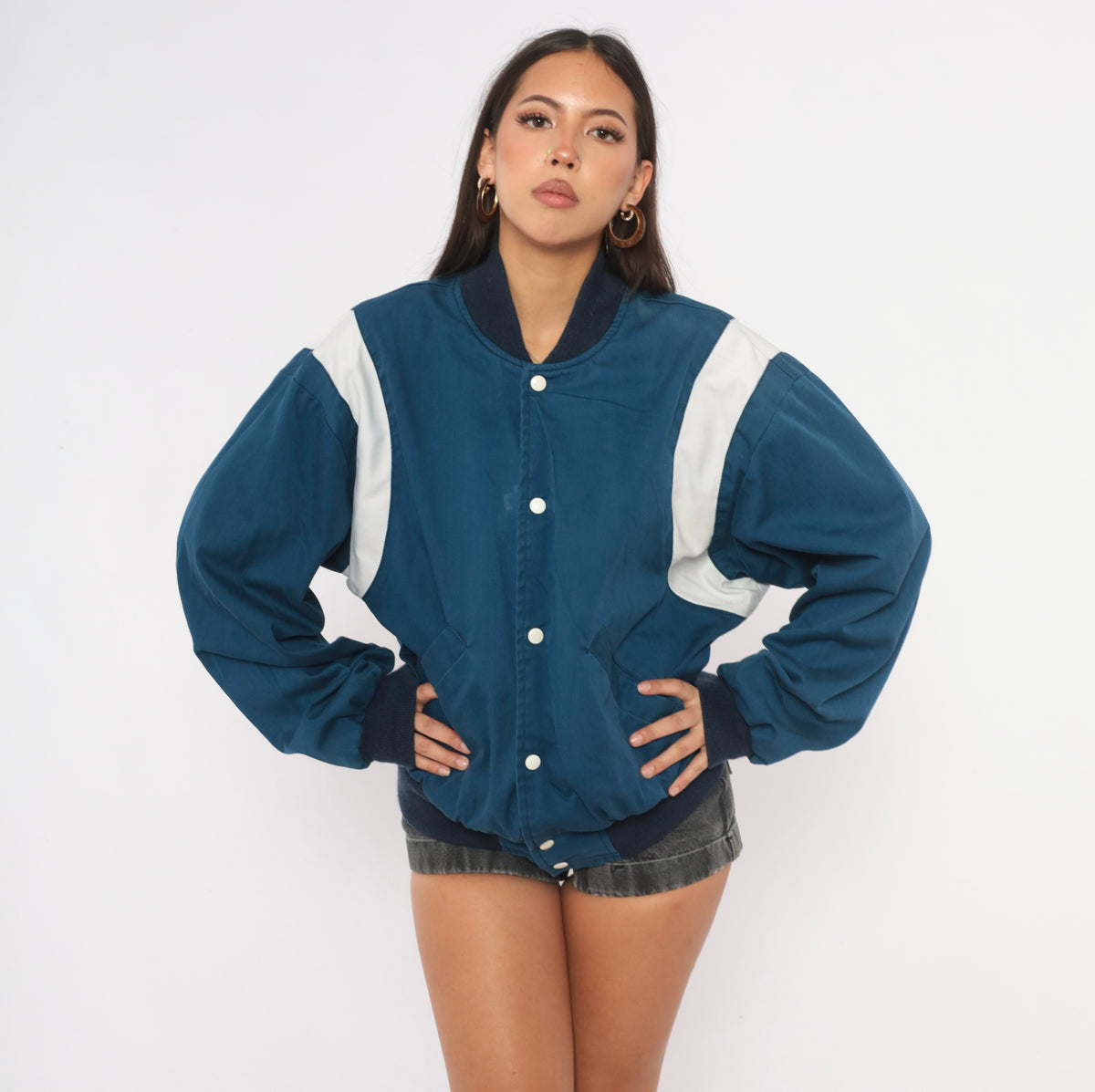 80s Price Club Costco Bomber Jacket Navy White Color Block Snap Front Large
