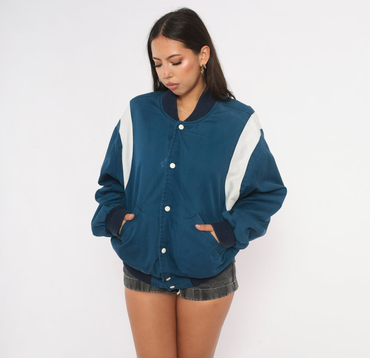 80s Price Club Costco Bomber Jacket Navy White Color Block Snap Front Large