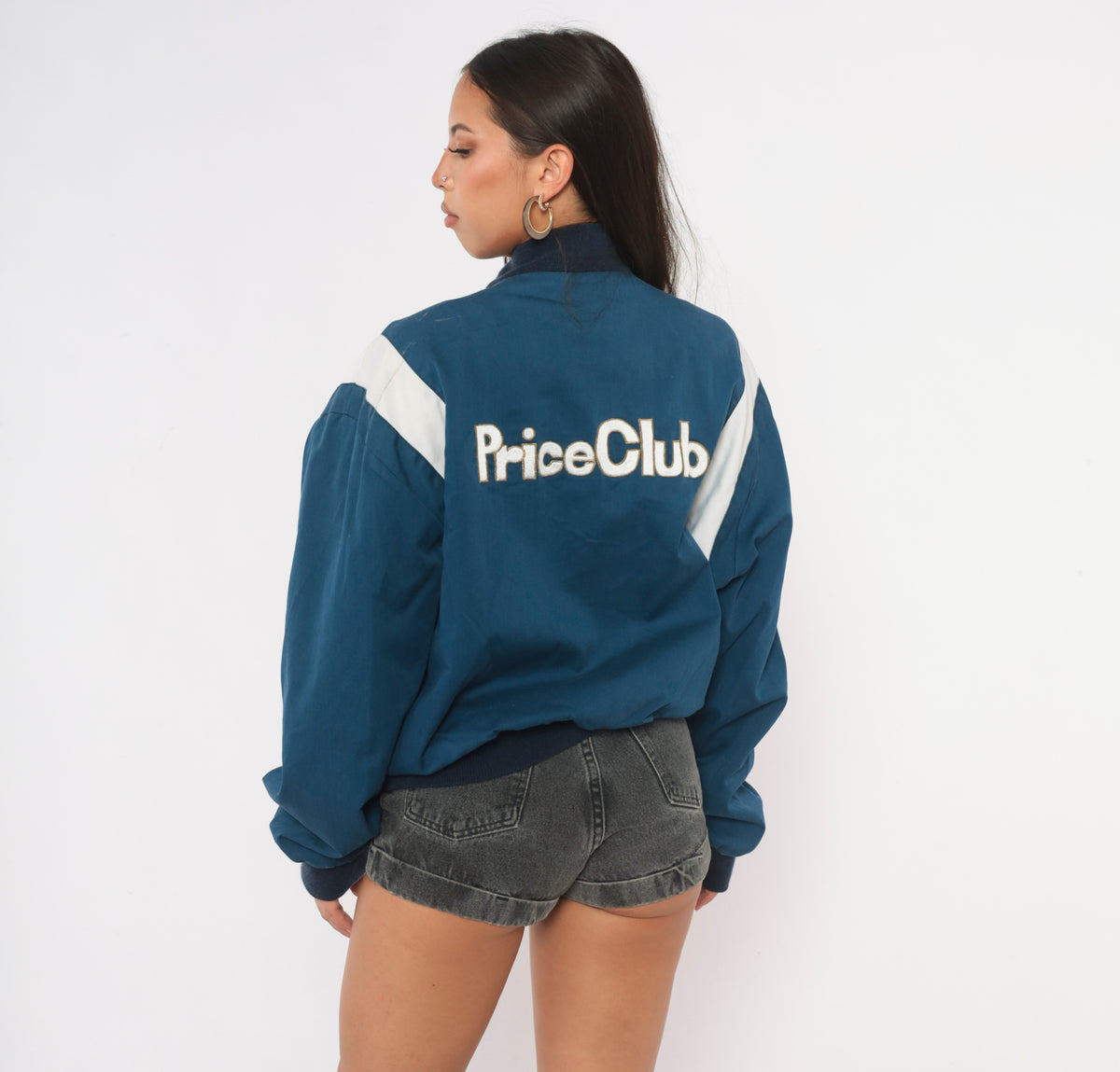 80s Price Club Costco Bomber Jacket Navy White Color Block Snap Front Large