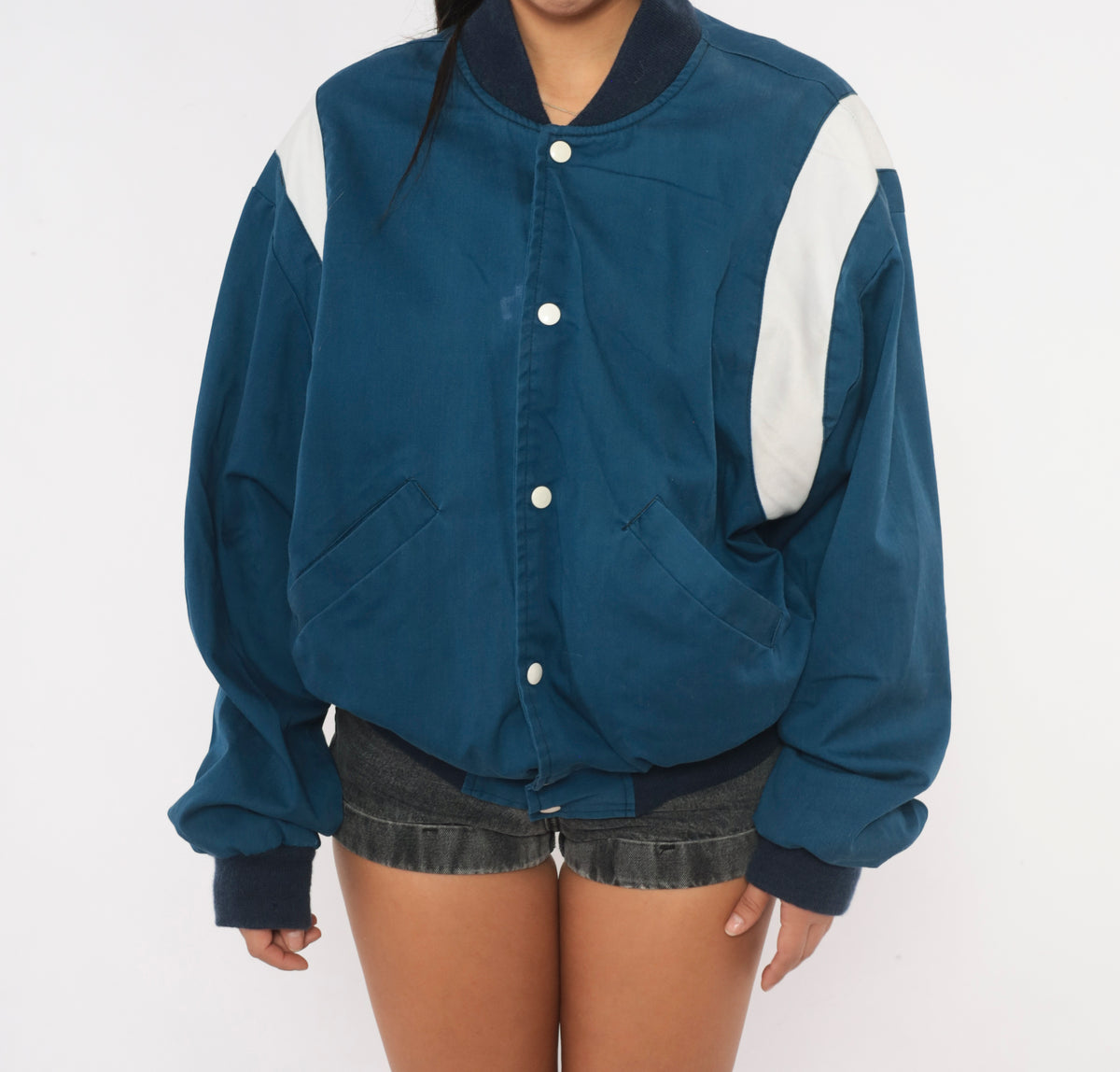 80s Price Club Costco Bomber Jacket Navy White Color Block Snap Front Large